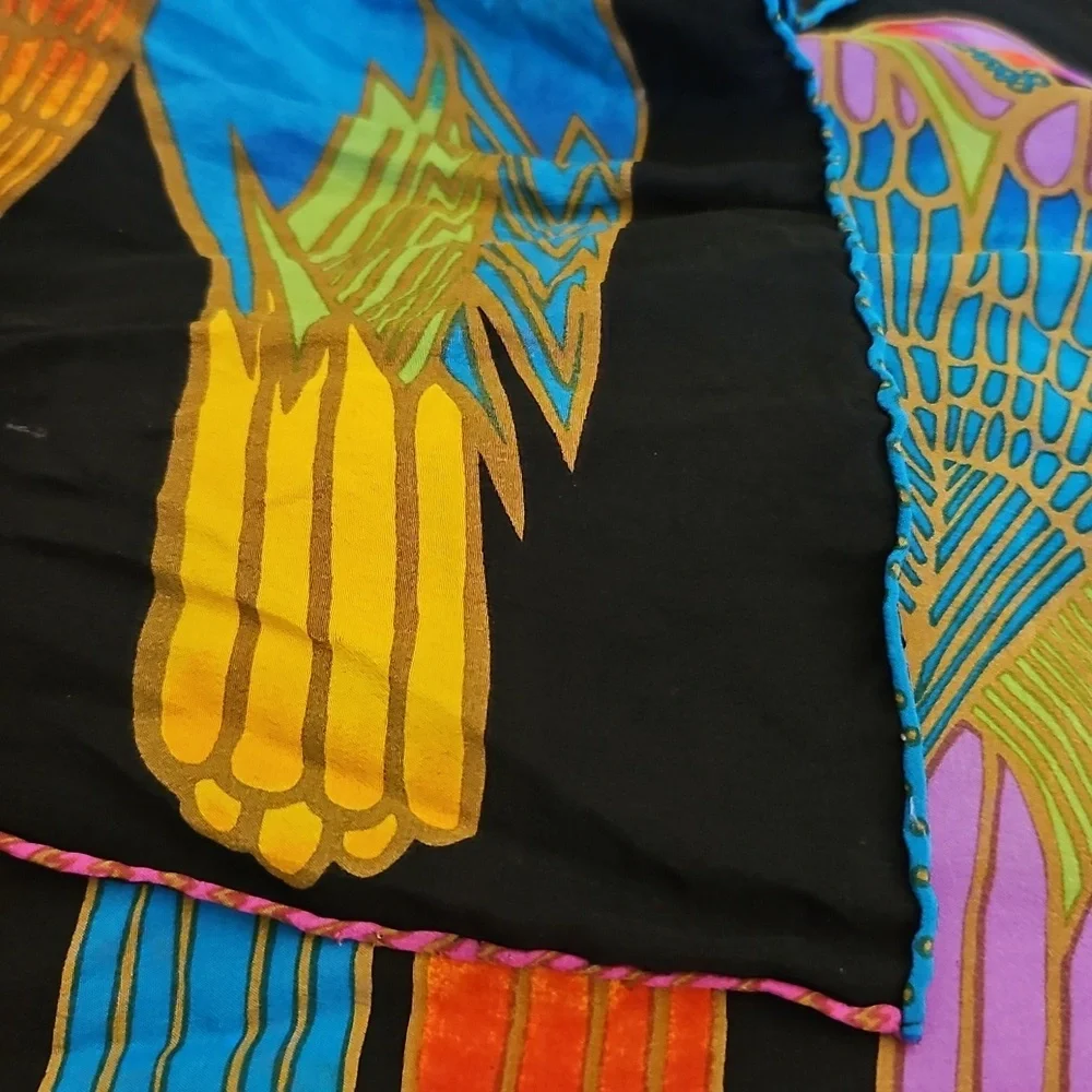 LAUREL BURCH Colorful Rainbow Tropical Bird Print Silk Resort Festival Scarf
